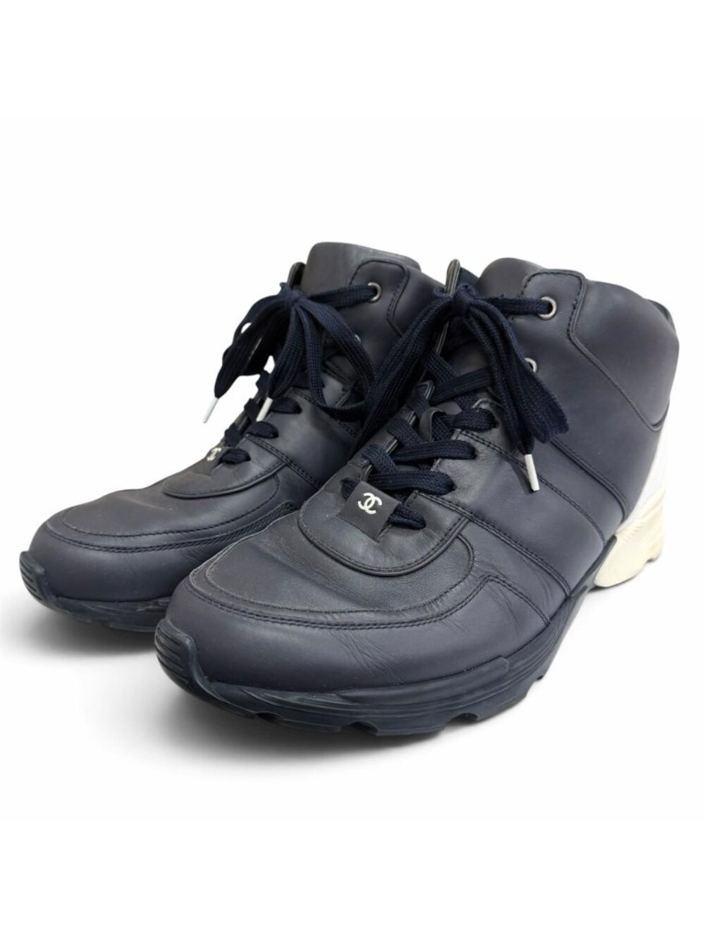 Chanel Leather CC Logo Lace-up High Top Sneakers Navy
